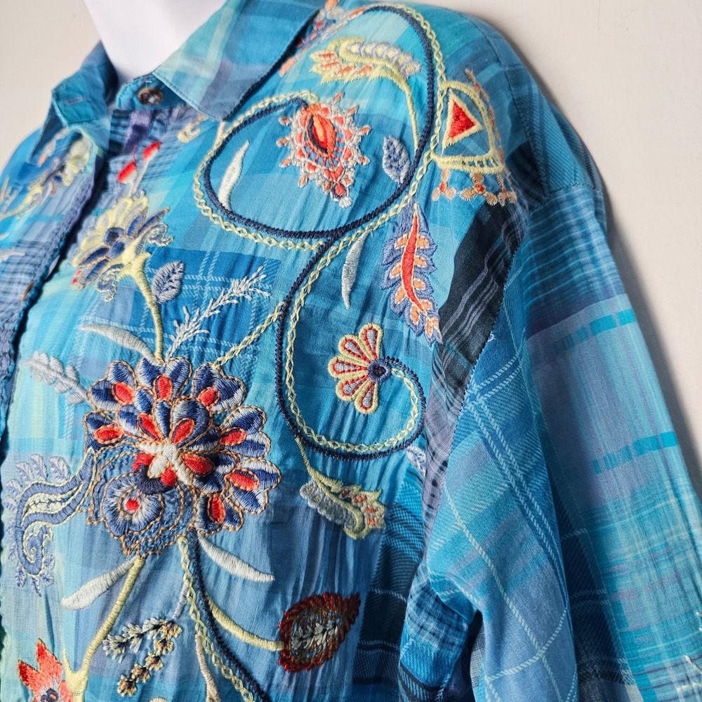 Johnny Was Blue Embroidered Button-Down Shirt - Picture 8 of 13